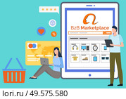 B2B platform vector, man with tablet and items for wholesale flat style design. Woman working on laptop, credit or debit card with to pay for shopping online. Trolley cart with products purchase. B2B Business to Business Marketplace Platform. Стоковая иллюстрация, агентство Ingram Publishing / Фотобанк Лори