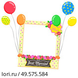 Just married vector, isolated photozone accessories flat style. Composition for photo with inflatable balloons and flowers, frame with text for weddings photography. Mrs and mr newlywed zone. Photozone with Frame and Balloons, Just Married. Стоковая иллюстрация, агентство Ingram Publishing / Фотобанк Лори