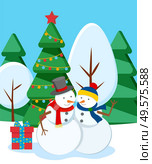 Two happy snowmen stand in snowy winter forest. Alive unreal characters from snowballs. Holiday decoration like garland on fir tree and present box. Vector illustration of personages made of snow. Snowmen in Winter Snowy Forest, Holiday Decor. Стоковая иллюстрация, агентство Ingram Publishing / Фотобанк Лори