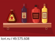 Alcohol drink, bottles on wooden shelf isolated on red wall. Beverage set, wine and champagne, cognac or rum, celebrating element, cocktail vector. Bottles on Shelf, Alcohol Drink, Beverage Vector. Стоковая иллюстрация, агентство Ingram Publishing / Фотобанк Лори