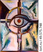 Shards of Light. Cross of Stained Glass series. Composition of organic church window color pattern for subject of fragmented unity of Crucifixion of Christ and Nature. Стоковое фото, агентство Ingram Publishing / Фотобанк Лори