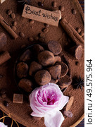 healthy delicious chocolate truffles around ingridients with natural cocoa  powder, cacao butter, cane sugar and rose. healthy sweets concept. flat lay. Стоковое фото, агентство Ingram Publishing / Фотобанк Лори