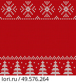 Christmas decorative white ornament of trees and snowflakes on red canvas. Winter background or wallpaper vector. Xmas sweater with embroidery in traditional style. Christmas or New Year illustration. Winter Background, Christmas Ornament of Spruces. Стоковая иллюстрация, агентство Ingram Publishing / Фотобанк Лори