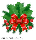 Symbolic christmas decoration. Isolated mistletoe with fir tree branches, pine cone and red ribbon bow decor. Greenery decorated with snowflakes ornaments. Xmas and new year adornment vector. Mistletoe and Pine Tree Branch with Ribbon Bow. Стоковая иллюстрация, агентство Ingram Publishing / Фотобанк Лори