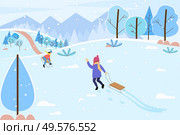 Child waving to mother. Kid pulling sledges walking to mom. People leading active lifestyle sloping downhill. Winter landscape with trees and mountains. Snowy hills and frost outdoors vector. Winter Landscape and Child with Sledges Outdoors. Стоковая иллюстрация, агентство Ingram Publishing / Фотобанк Лори