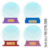 Holiday souvenirs with captions, hello winter and let it snow, snowy day and holly jolly. Four transparent spheres isolated on white. Empty snowglobe made of glass. Xmas round shaped toy, vector. Souvenir Made of Glass, Snow Globes with Captions. Стоковая иллюстрация, агентство Ingram Publishing / Фотобанк Лори