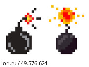 Pixel game icons vector, isolated bombs with fire. Graphics of retro gaming, flat style of weapon with flames, destruction and danger explosive substance. Bomb with Fire, Explosive Weaponry Pixel Game. Стоковая иллюстрация, агентство Ingram Publishing / Фотобанк Лори