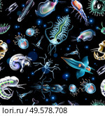 Colorful abstract pattern consisting of glowing lights and luminescent images of marine plankton on dark background vector illustration. Plankton Abstract Pattern. Стоковая иллюстрация, агентство Ingram Publishing / Фотобанк Лори