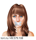 Woman with closed mouth realistic composition young girl stands and her mouth taped vector illustration. Стоковая иллюстрация, агентство Ingram Publishing / Фотобанк Лори
