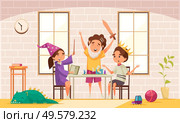 Board games fairy tale composition with three children dressed as wizards play the game vector illustration. Стоковая иллюстрация, агентство Ingram Publishing / Фотобанк Лори