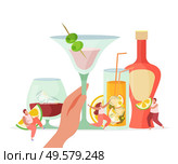 Alcoholic cocktails flat background composition with hand holding filled stemmed triangle glass with fruit stick vector illustration. Стоковая иллюстрация, агентство Ingram Publishing / Фотобанк Лори