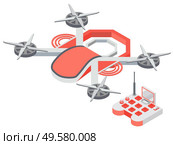 Drone with remote controller, wireless device with propellers, quadcopter symbol, aircraft with remotely radio controlled flying robots, discovery air robot for video and photo, multicopter vector. Quadcopter and Remote Controller, Drone Vector. Стоковая иллюстрация, агентство Ingram Publishing / Фотобанк Лори