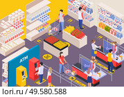 Customers in supermarket interior with markup for social distancing isometric background 3d vector illustration. Стоковая иллюстрация, агентство Ingram Publishing / Фотобанк Лори