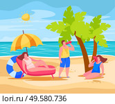 People on beach preventing summertime overheating  heatstroke sitting under umbrella drinking water using chinese fan vector illustration. Стоковая иллюстрация, агентство Ingram Publishing / Фотобанк Лори