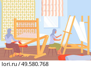 Carpet production process with women working at weaving looms flat vector illustration. Стоковая иллюстрация, агентство Ingram Publishing / Фотобанк Лори