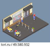 Social distancing isometric composition with outdoor view of cafe food court with seats tables spaced apart vector illustration. Стоковая иллюстрация, агентство Ingram Publishing / Фотобанк Лори