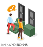 Discrimination isometric composition with white and black human characters in front of open and closed doors vector illustration. Стоковая иллюстрация, агентство Ingram Publishing / Фотобанк Лори
