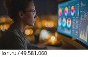 Data analysis at night in a modern workspace with visualizations on screen. Стоковое AI-видео, аниматор Сергей Толмачёв / Фотобанк Лори