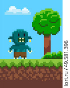Orge with teeth standing on grass, geek character on ground, portrait view of monstrosity, green tree and cloudy sky, adventure map, pixel game vector. Monstrosity Character Standing on Grass Vector. Стоковая иллюстрация, агентство Ingram Publishing / Фотобанк Лори