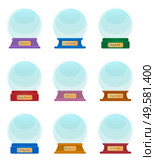 Holiday souvenirs with captions, hello winter and let it snow, snowy day and holly jolly. Transparent spheres isolated on white. Empty snowglobe made of glass. Xmas round shaped toy, vector. Souvenir Made of Glass, Snow Globes with Captions. Стоковая иллюстрация, агентство Ingram Publishing / Фотобанк Лори