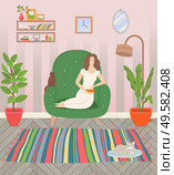 Girl sitting in armchair and eating popcorn. Cat on rug, fluffy pets. Living room cosy interior with house plants and furniture vector illustration. Girl in Armchair Living Room Cosy Interior Vector. Стоковая иллюстрация, агентство Ingram Publishing / Фотобанк Лори