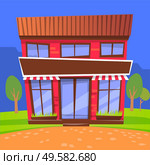 Facade of cafe with tent and windows. Two storey building located in city. Eatery or dinner, place to eat. Evening architecture of town. Night store surrounded by trees and greenery. Vector in flat. Cafe Exterior in City Park, Shop Building Facade. Стоковая иллюстрация, агентство Ingram Publishing / Фотобанк Лори