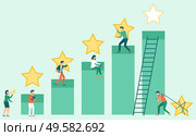 Teamwork success, get best services for business. Man and woman working, star symbol, employee reputation, rising steps with people, quality sign vector. Workers Business Service, Quality Symbol Vector. Стоковая иллюстрация, агентство Ingram Publishing / Фотобанк Лори