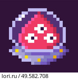 Pixelated character of 8 bit retro game vector, isolated alien sitting in spaceship, creature with three eyes, scary mutant floating in space flat style, pixel cosmic monster for mobile app games. Monster of Pixel Game in Spaceship, Alien Vector. Стоковая иллюстрация, агентство Ingram Publishing / Фотобанк Лори