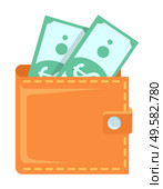 Financial stability salary in wallet vector, isolated dollars currency. Banknote in leather purse, profit and benefit, payment money allowance, cash. Wallet with Banknotes Green Papers Dollars Vector. Стоковое фото, агентство Ingram Publishing / Фотобанк Лори