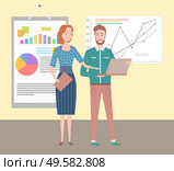 Schemes and charts vector, people showing presentation to business partners, colleagues with common aim and goal, male with laptop developing project. Man and Woman on Presentation, Whiteboard Charts. Стоковая иллюстрация, агентство Ingram Publishing / Фотобанк Лори