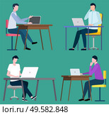 Brokers sitting at computers and working on notebooks. Vector stockbrokers middlemans sitting at tables with computers and buys and sells goods or assets. Brokers on Computers Buys and Sell Goods or Assets. Стоковая иллюстрация, агентство Ingram Publishing / Фотобанк Лори