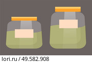 Transparent glass or plastic container with label. Jars that contains green liquid or matcha tea. Two pots with herbal powder or beverage isolated on grey background. Vector illustration in flat style. Jars with Green Liquid or Matcha, Pots Isolated. Стоковая иллюстрация, агентство Ingram Publishing / Фотобанк Лори