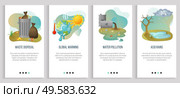 Global warming vector, acid rains and harmful substances, garbage disposal heat and hot temperature with melting planet, water pollution. Website or slider app, landing page flat style. Acid Rain and Global Warming Ecology Problems. Стоковая иллюстрация, агентство Ingram Publishing / Фотобанк Лори