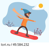 Smiling male character wearing casual clothes and hat snowboarding outdoor. Activity of snowboarder man going by downhill. Winter season and sunny weather on snowy hill with person on board vector. Activity of Male Snowboarding by Downhill Vector. Стоковая иллюстрация, агентство Ingram Publishing / Фотобанк Лори