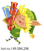 Elf fairy character carrying colorful gift boxes. Christmas card funny winter gnome with big ears wearing green costume. New Year assistant hero holding presents with ribbon isolated on white vector. New Year Elf Character Holding Presents Vector. Стоковая иллюстрация, агентство Ingram Publishing / Фотобанк Лори