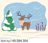 Cartoon character, deer stand on snowy ground in wood. North reindeer with large antlers and brown fur coat. Animal dressed in scarf because of windy and cold weather in winter. Vector illustration. Cartoon Character, Reindeer Stand in Winter Forest. Стоковая иллюстрация, агентство Ingram Publishing / Фотобанк Лори