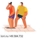 Woman getting on the scales and upset while man putting leg on balance for joking. Smiling boy standing behind of girl on weigher. Life of young couple and humor of male with weight of female vector. Female on Scales Joke of Man Putting Leg Vector. Стоковая иллюстрация, агентство Ingram Publishing / Фотобанк Лори