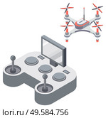 Drone with remote controller, wireless device with propellers, quadcopter symbol, aircraft with remotely radio controlled flying robots, discovery air robot for video and photo, multicopter vector. Quadcopter and Remote Controller, Drone Vector. Стоковая иллюстрация, агентство Ingram Publishing / Фотобанк Лори