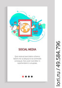 Social media vector, twitter bird and loudspeaker megaphone with smartphone for broadcasting worldwide, global interaction communication concept. Website or app slider, landing page flat style. Social Media Smartphone with Globe Earth Planet. Стоковая иллюстрация, агентство Ingram Publishing / Фотобанк Лори