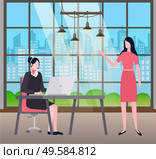 Woman working on laptop, wearing headset. Client talking to assistant to secretary looking at personal computer. Customer center or hotline manager. Person at work vector in flat style illustration. Client Talking to Secretary of Assistant in Office. Стоковая иллюстрация, агентство Ingram Publishing / Фотобанк Лори