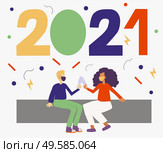 Illustration of two characters wearing face masks and celebrating 2021 new year. The new normal preventing corona virus infection. Стоковое фото, агентство Ingram Publishing / Фотобанк Лори