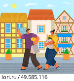 Man and woman carrying bought products from supermarket. Couple loaded with groceries returning home passing houses and buildings in old town. Boyfriend and girlfriend with bags, vector in flat style. Couple with Groceries Returning Home from Shopping. Стоковая иллюстрация, агентство Ingram Publishing / Фотобанк Лори