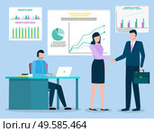 Business partners agreeing on workflow or project ideas. Handshake of man and woman wearing formal clothes holding briefcase. Secretary with charts and diagrams on board, vector in flat style. Man and Woman on Meeting, Handshake at Conference. Стоковая иллюстрация, агентство Ingram Publishing / Фотобанк Лори