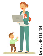 Business woman holding laptop and document standing near little boy. Mother worker communicating with computer near son character. Kid wanting to mom which working with pc wireless device vector. Mother Business Woman and Little Boy Son Vector. Стоковая иллюстрация, агентство Ingram Publishing / Фотобанк Лори