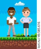 Man and woman characters standing outdoor, superheroes cooperation, adventure pixel game, people standing on grass, cloudy sky, team portrait view vector. Superheroes Standing Outdoor, Adventure Vector. Стоковая иллюстрация, агентство Ingram Publishing / Фотобанк Лори