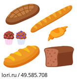 Set of products made of flour. Isolated baguette and croissant, french cuisine food. Rye bread and cupcakes with decorative topping. Dietary meal assortment of bakery. Flat style vector illustration. Bakery Products Baguette and Rye Bread with Cakes. Стоковая иллюстрация, агентство Ingram Publishing / Фотобанк Лори