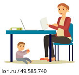 Pregnant woman working from home. Isolated expectant mother staying on maternity leave busy with papers. Son playing under table. Irritated lady with documents distant job, vector in flat style. Freelance Pregnant Woman on Maternity Leave Vector. Стоковая иллюстрация, агентство Ingram Publishing / Фотобанк Лори