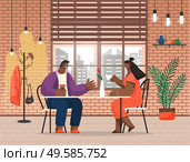 Man and woman talking and drinking coffee or tea in cafe. Couple having date in modern restaurant. Comfortable place for friends to meet. Students or workers eating out during break at work vector. Couple Drinking Coffee, Friends in Restaurant. Стоковая иллюстрация, агентство Ingram Publishing / Фотобанк Лори