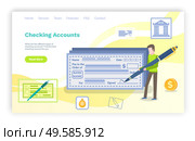 Checking accounts vector, male with pig pen signing bill check, banking institution for money trust. Male with forms and dollars in small bag. Website or webpage template, landing page flat style. Checking Accounts, Rich Man Signing Bill Banking . Стоковая иллюстрация, агентство Ingram Publishing / Фотобанк Лори