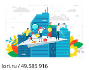 People working together vector, cityscape with team on paper plane. Leader and workers with tools, cogwheel and magnifying glass, briefcase and bulb. Business Team on Paper Plane, Ambitious People. Стоковая иллюстрация, агентство Ingram Publishing / Фотобанк Лори